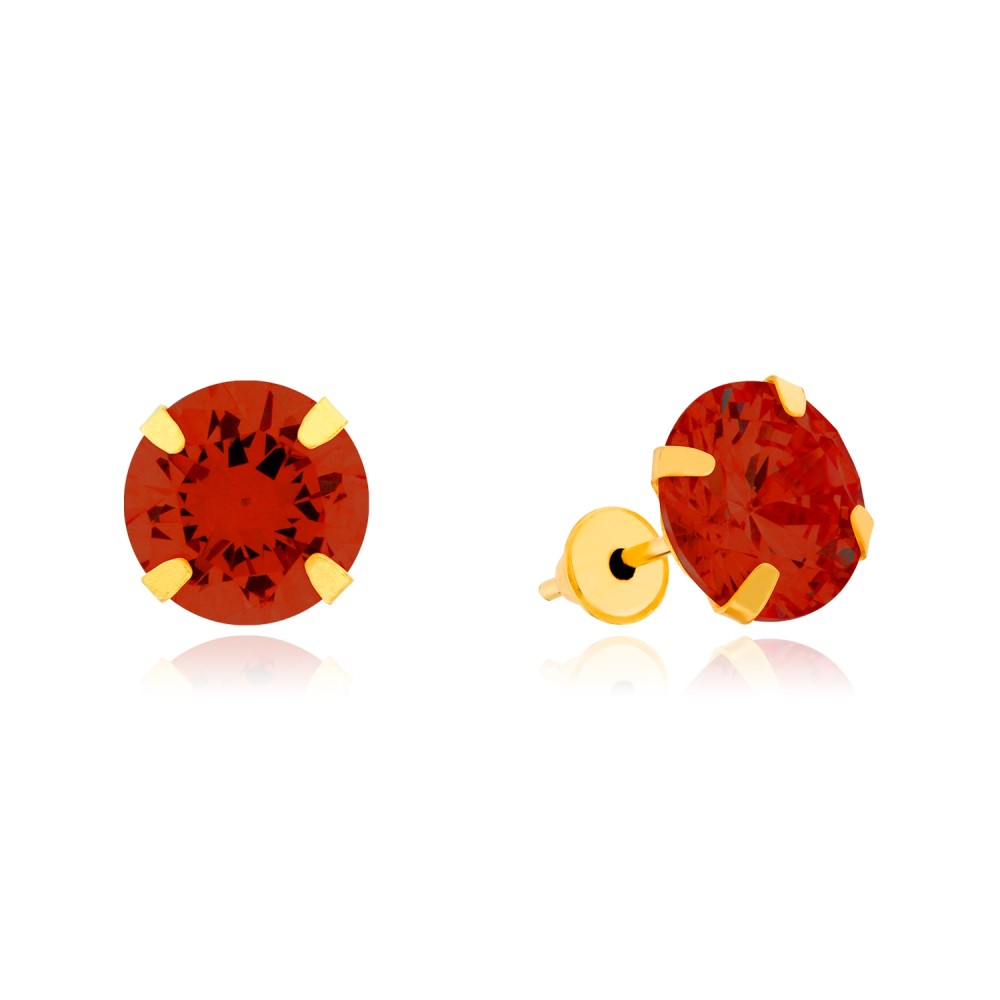 Brinco de ouro 18k pedra 7mm rubi sintético vermelho
