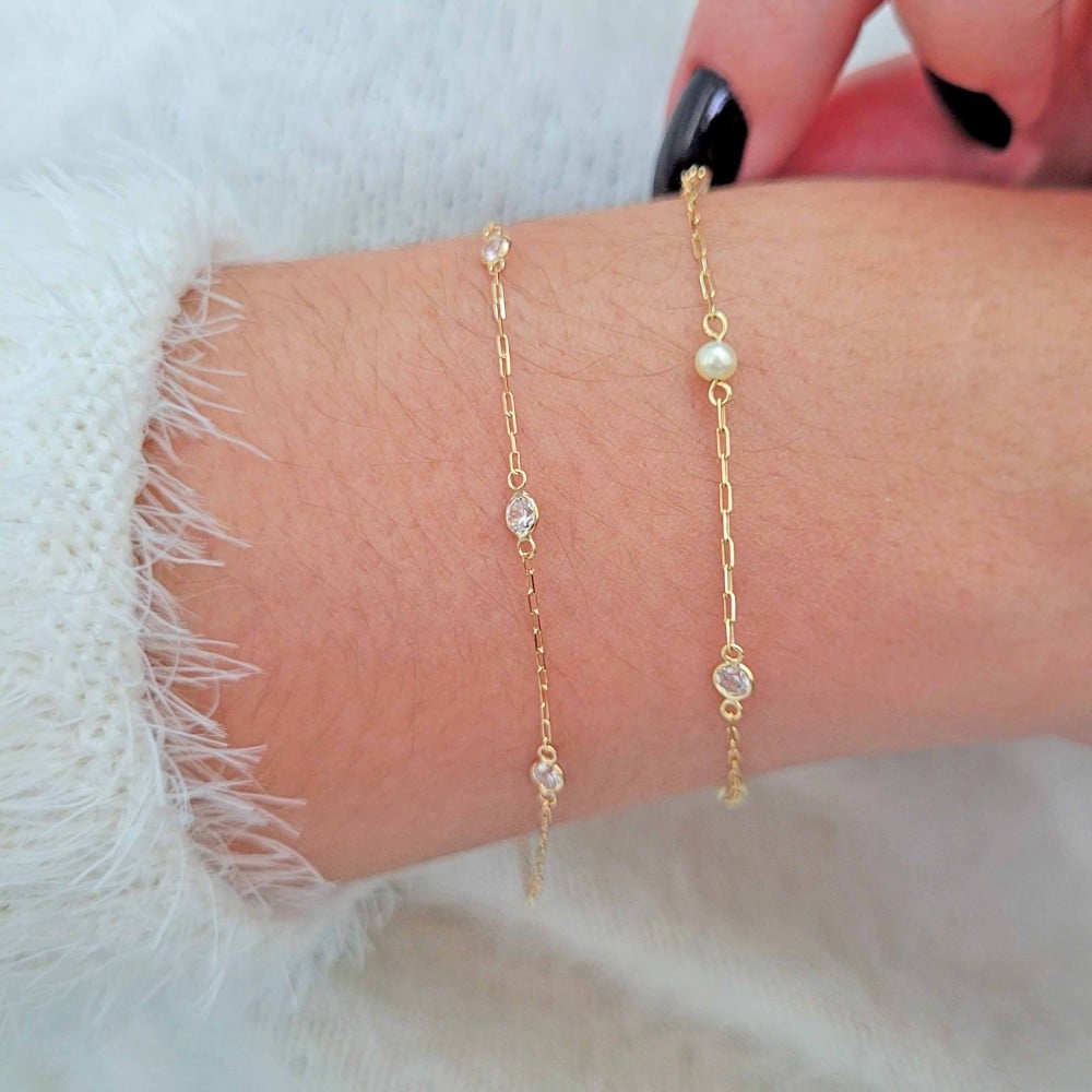 Pulseira De Ouro 18k Adulto Com Pedras Brancas redondas no corpo