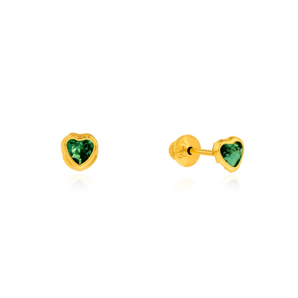 Brinco de coração ouro 18k pequeno verde