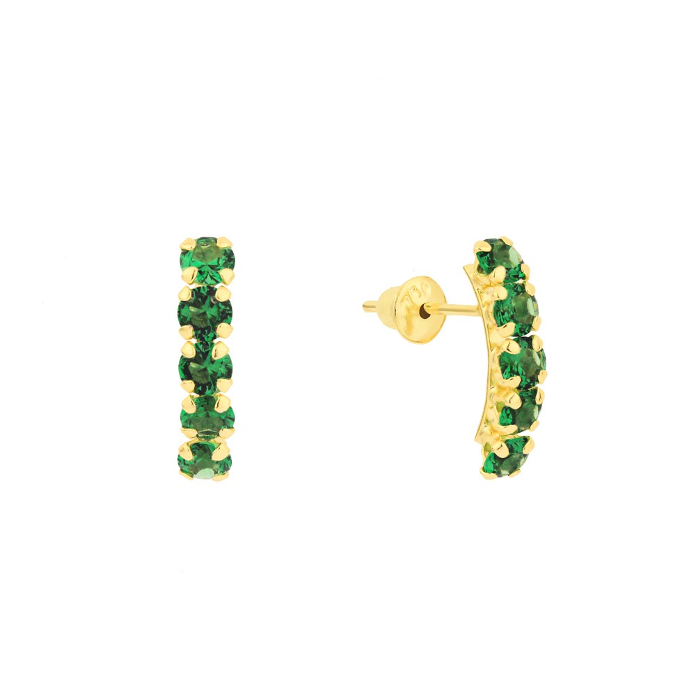 Brinco meia argola cravejada de ouro 18k pedra verde