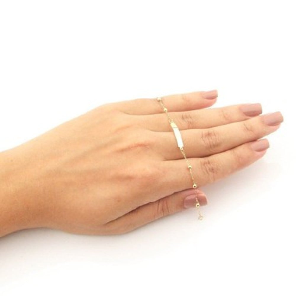 Conjunto De Ouro 18k Pulseira De Bolinha Com Placa E Brinco De Bola 3mm