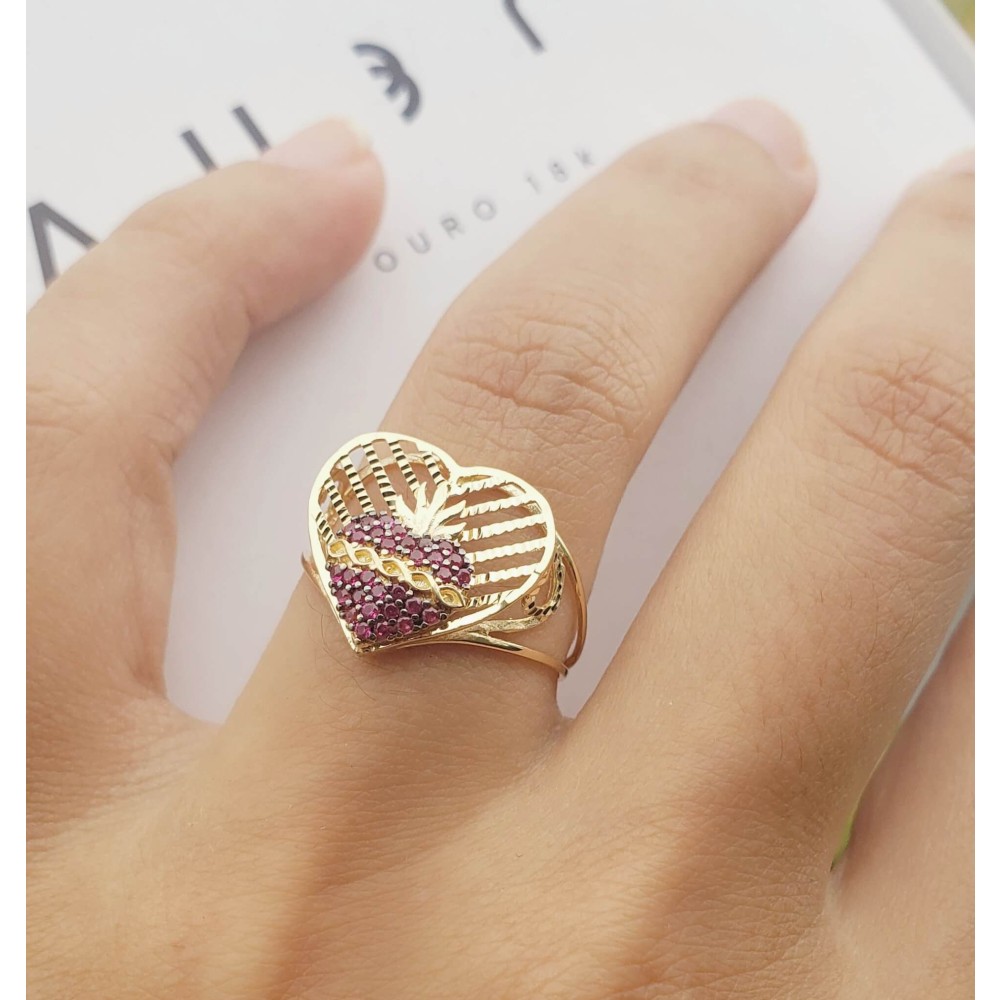 Anel de ouro 18k sagrado coração de jesus pedras vermelhas