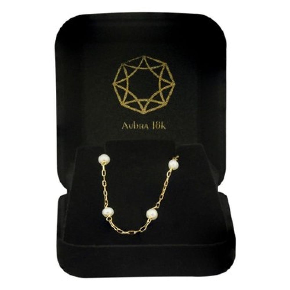 Conjunto De Ouro 18k Infantil Pulseira De Pérola E Brinco 3mm