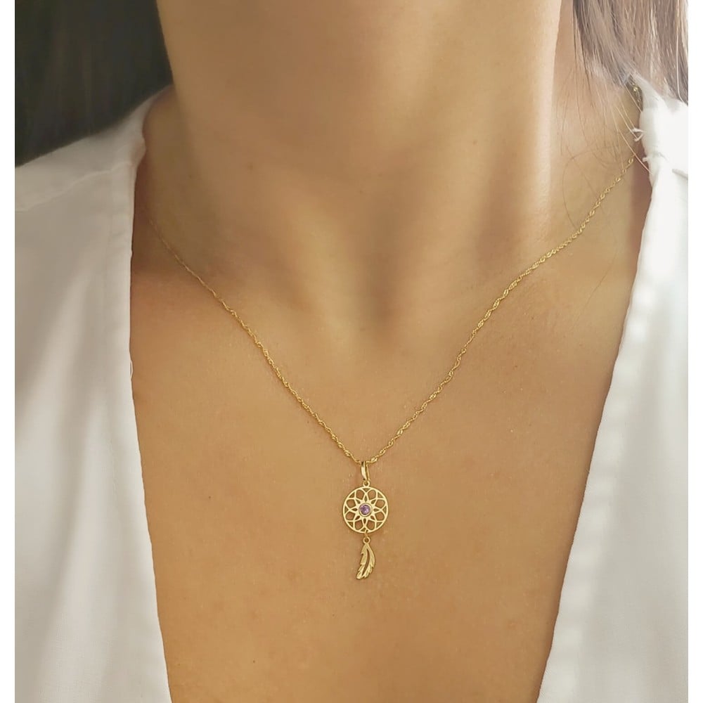 Pingente de ouro 18k filtro dos sonhos pedra lilás