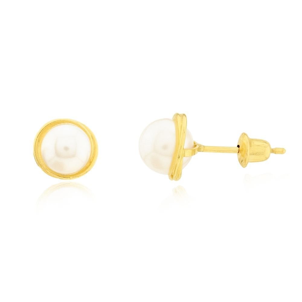 Brinco de ouro 18k rococo e perola natural 5mm foto frente e lado 