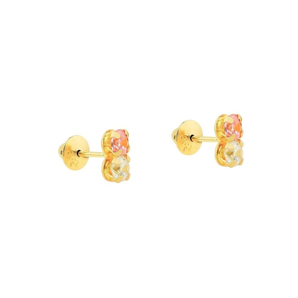 Brinco de ouro 18k com pedras 2,5mm duplas branca com rosa foto lateral do brinco 