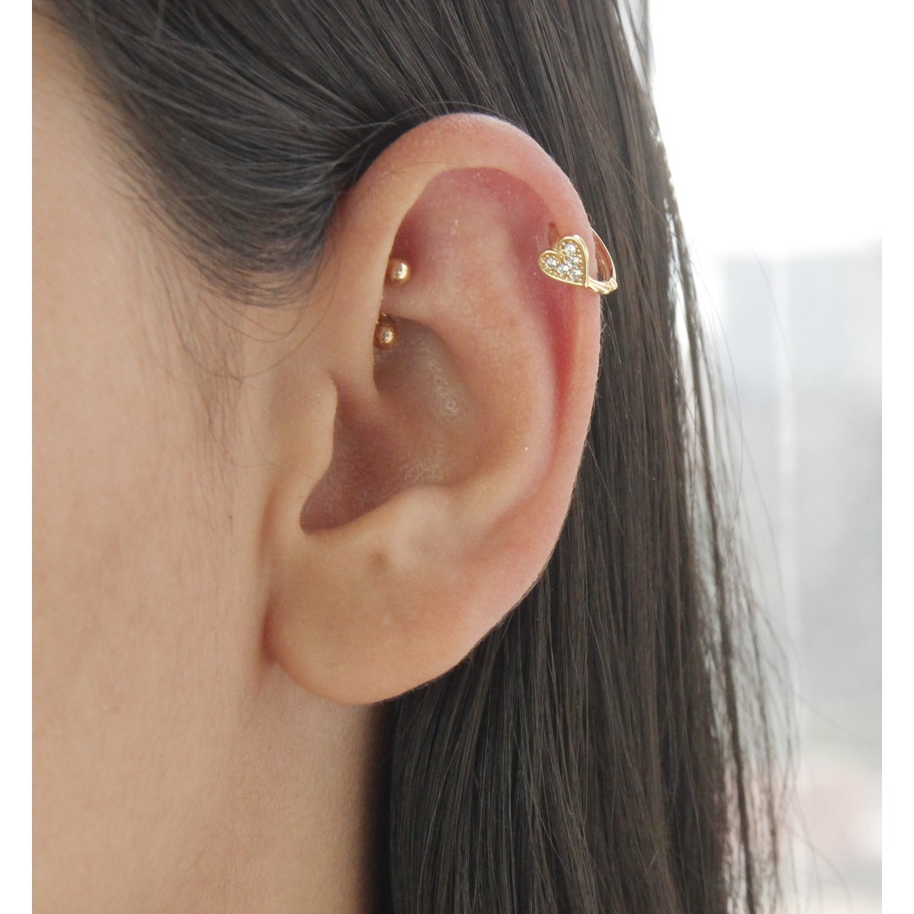 Brinco ou piercing de ouro 18k argola coração com pedras 