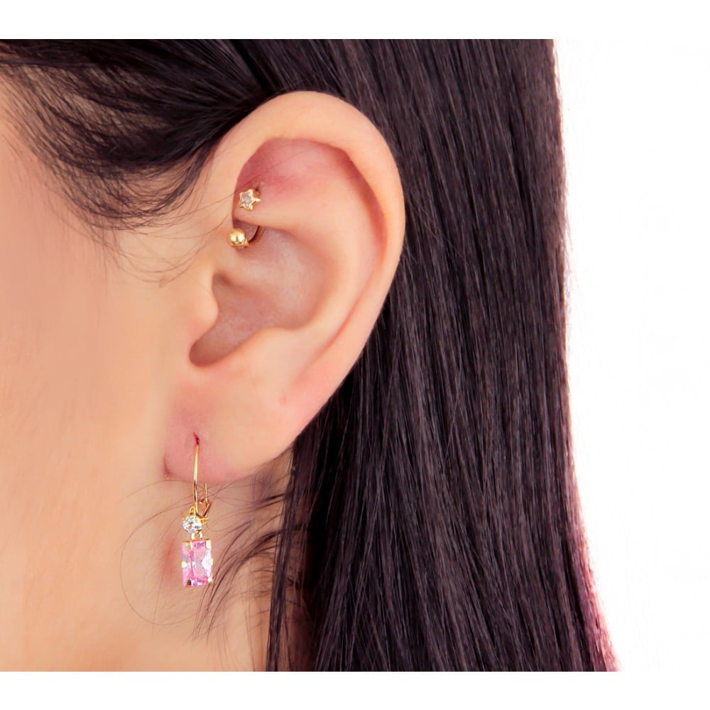 Brinco De Ouro 18k Gancho Com Pedra Zircônia Retangular rosa orelha