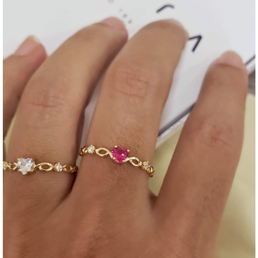 Anel de ouro 18k coração vermelho com aro trabalhado