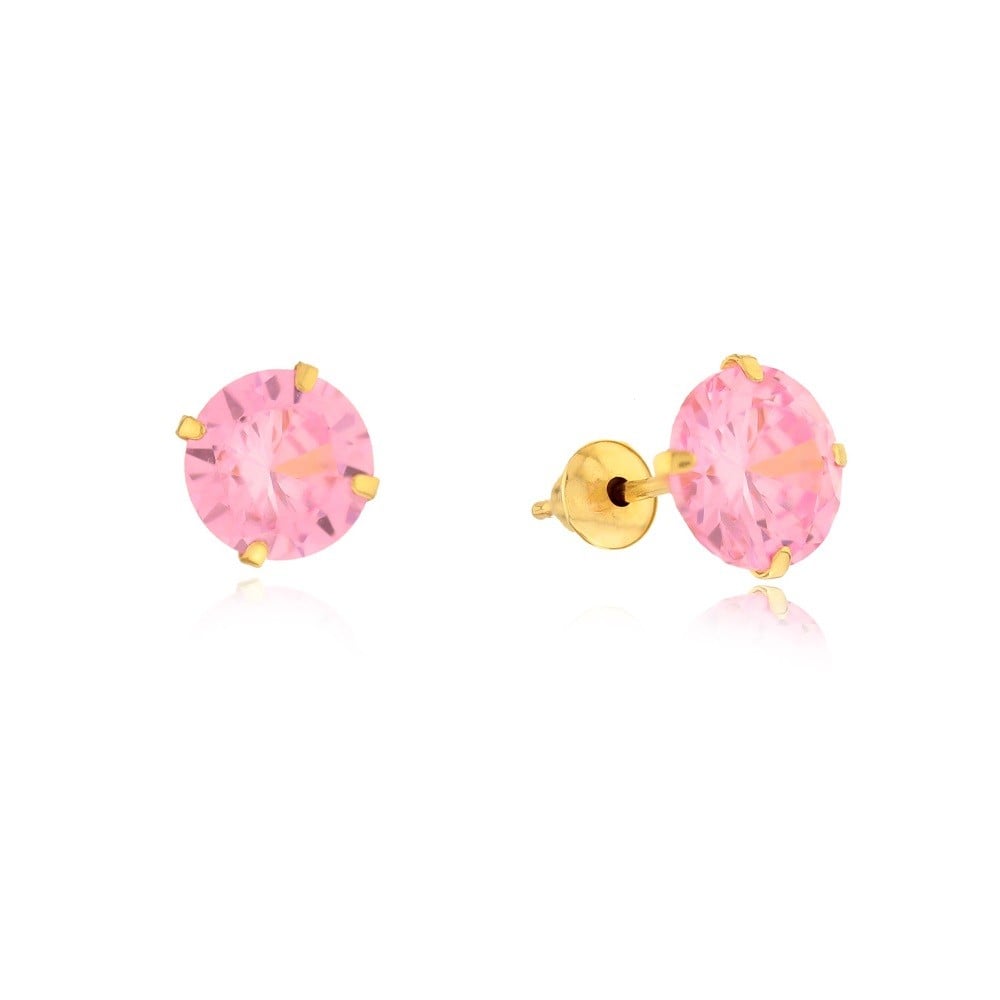 Brinco de ouro 18k pedra 6mm rosa zircônia
