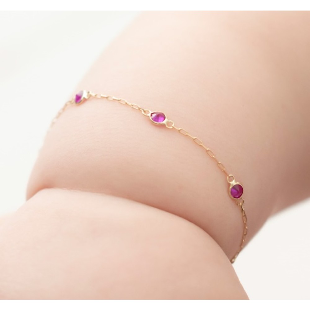 Pulseira de ouro 18k infantil com pedras vermelhas