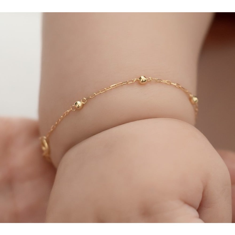 Pulseira De Ouro 18k Bolinha Infantil E Brinco 3mm