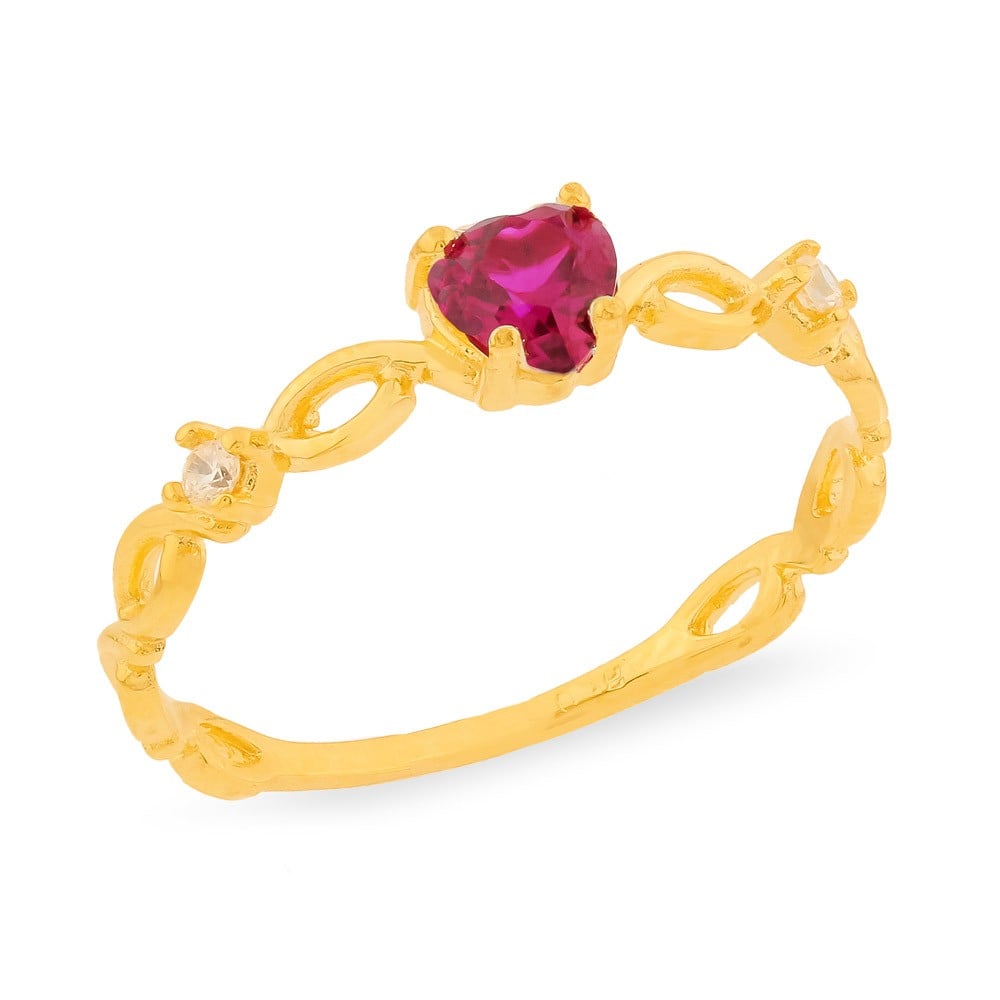 Anel de ouro 18k coração vermelho com aro trabalhado