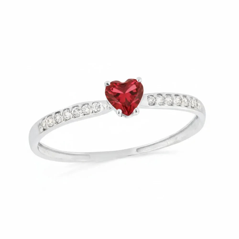 Anel solitário ouro branco 18k coração vermelho
