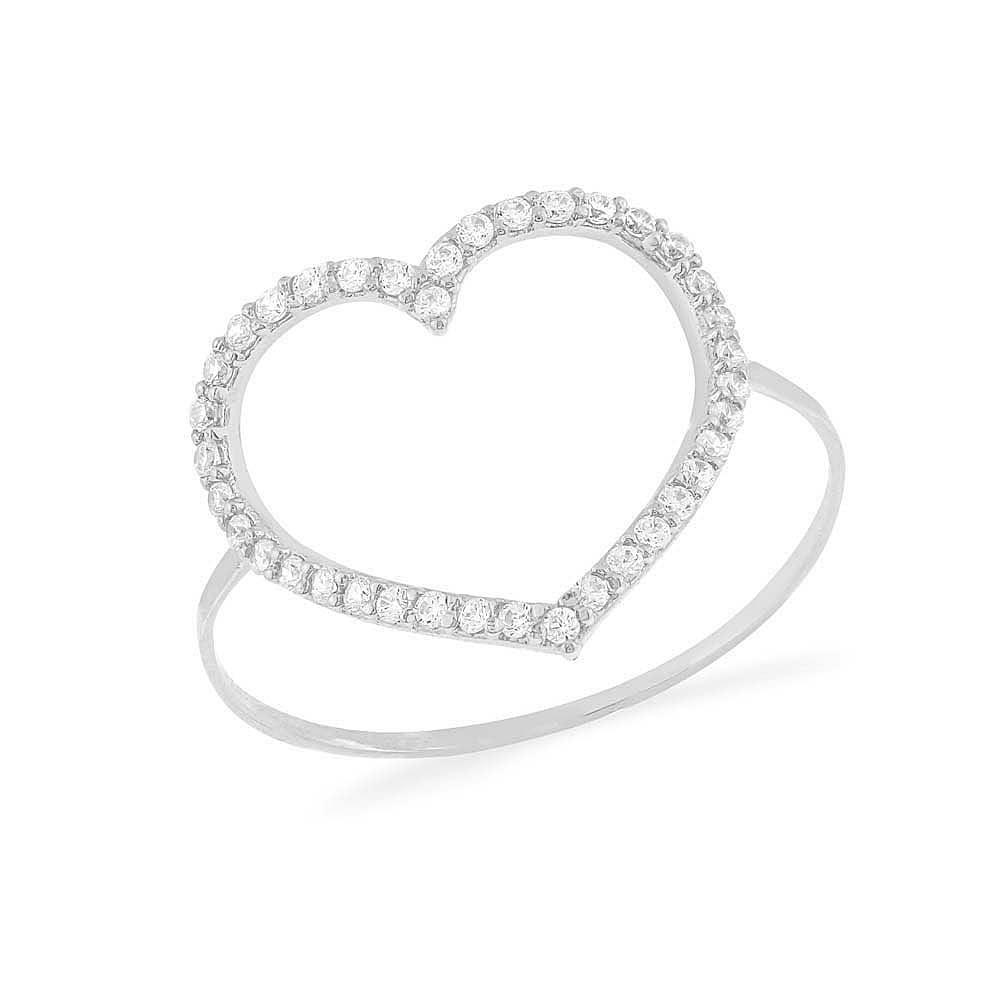 Anel de ouro branco 18k coração grande cravejado