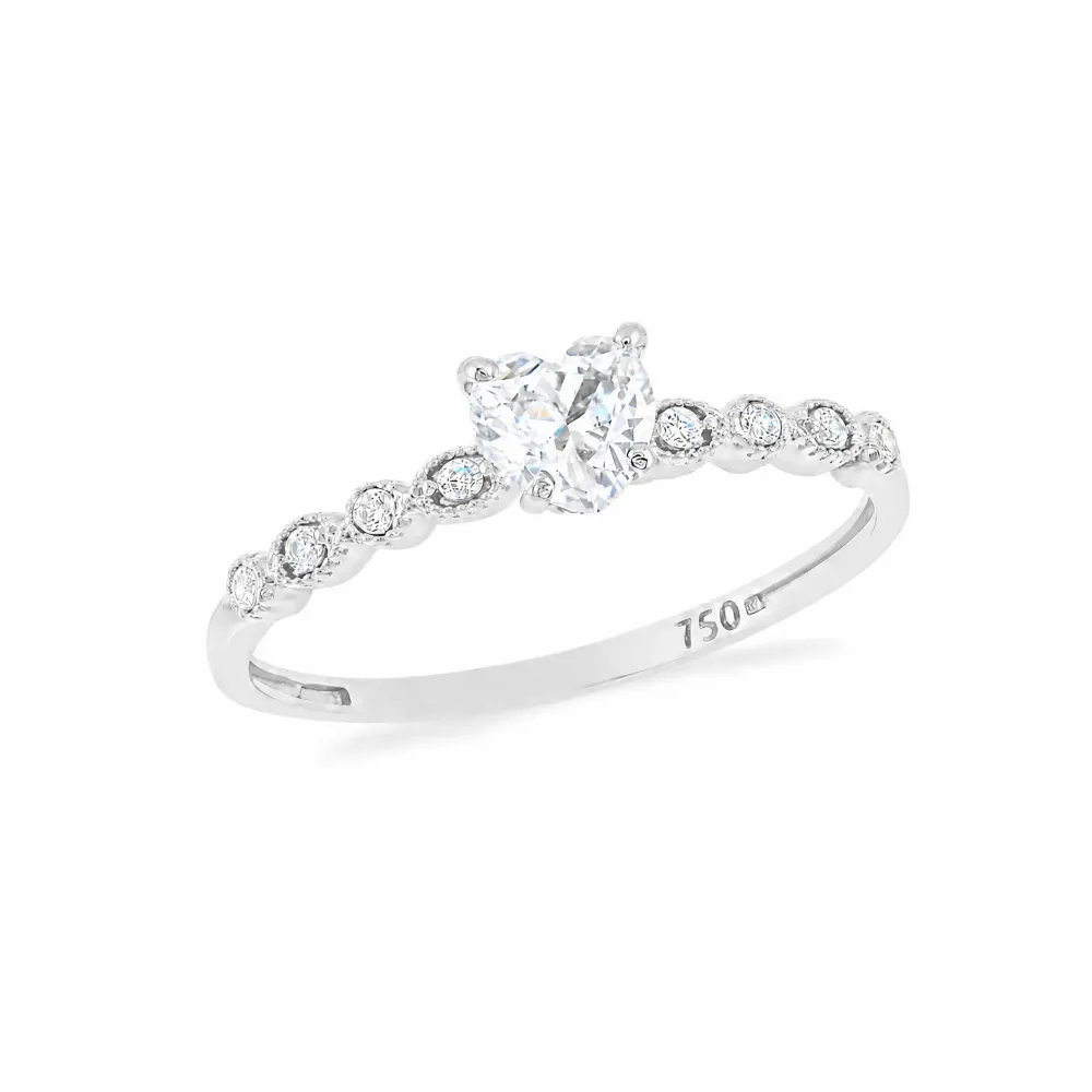 Anel Moissanites coração ouro branco 18k