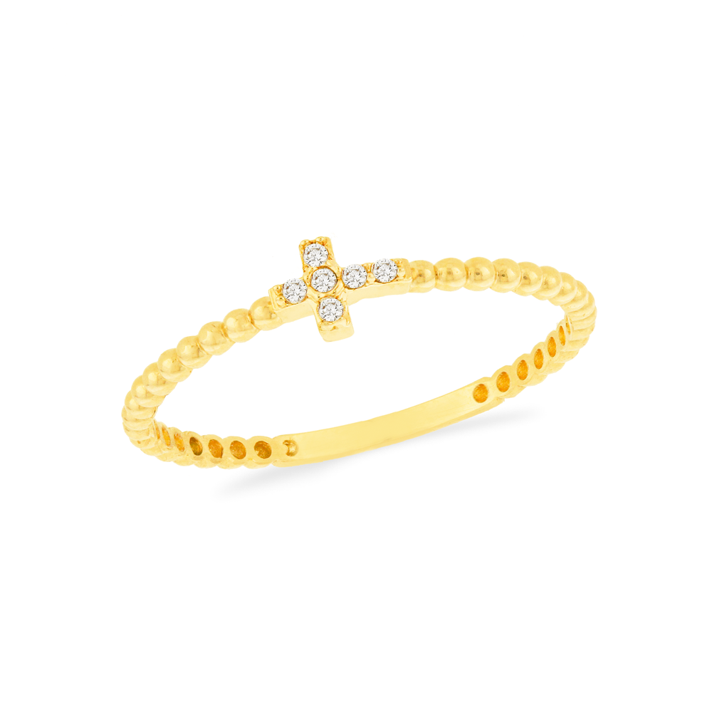 Anel de ouro 18k cruz cravejado bolinhas