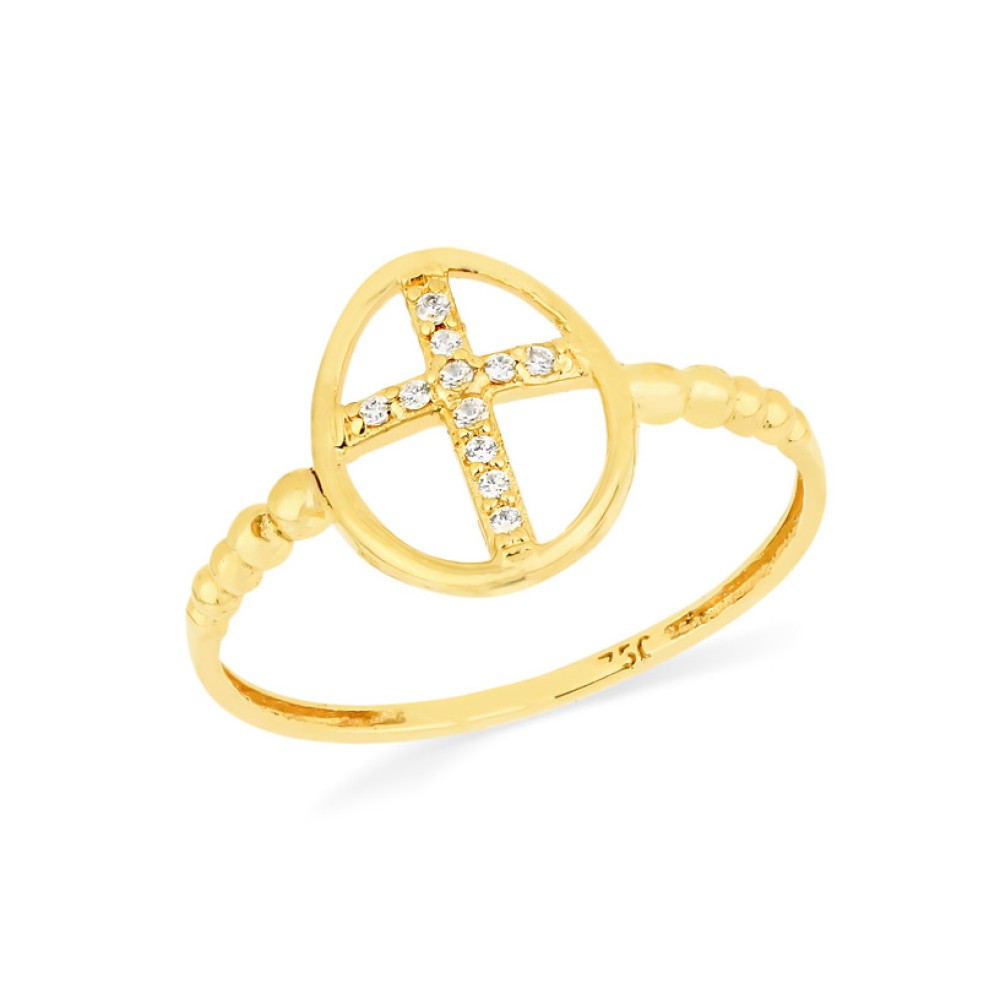 Anel de cruz ouro 18k cravejado aro bolinhas