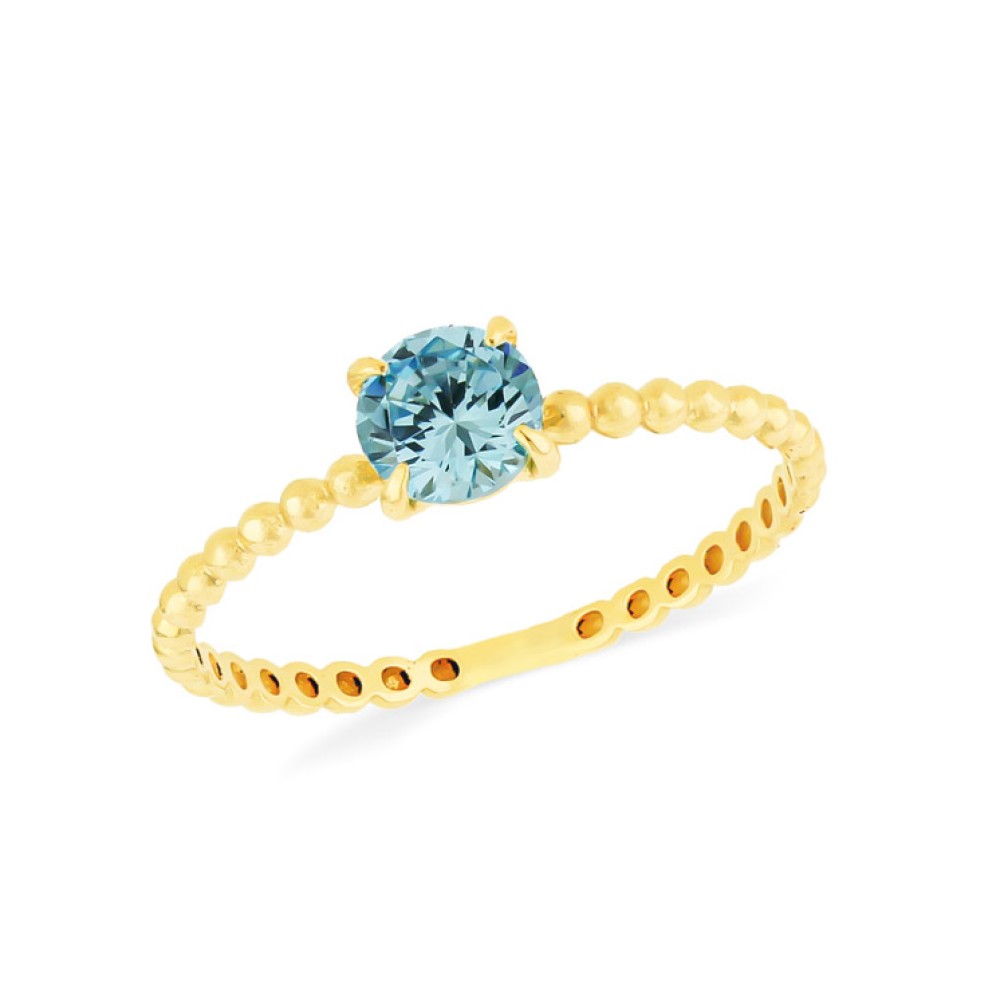 Anel pedra azul solitário ouro 18k bolinhas