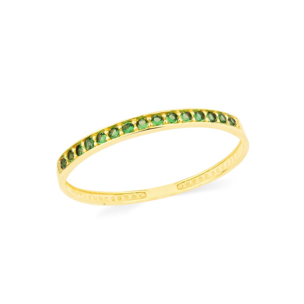 Meia aliança de ouro 18k cravejada pedras verdes