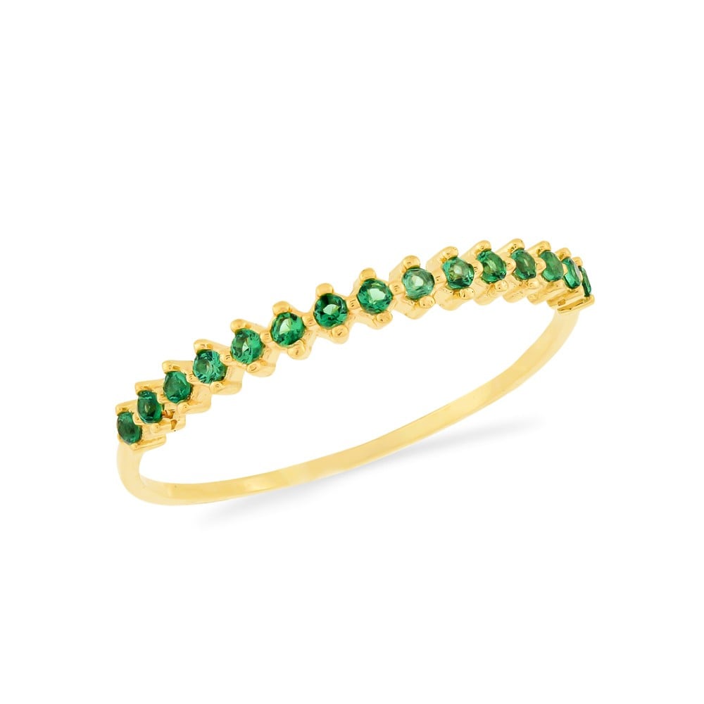 Meia aliança com pedras verdes ouro 18k