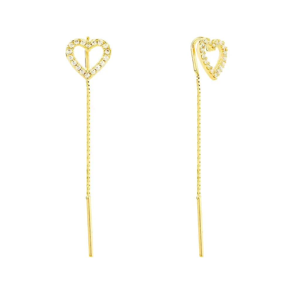 Brinco de ouro 18k coração cravejado corrente