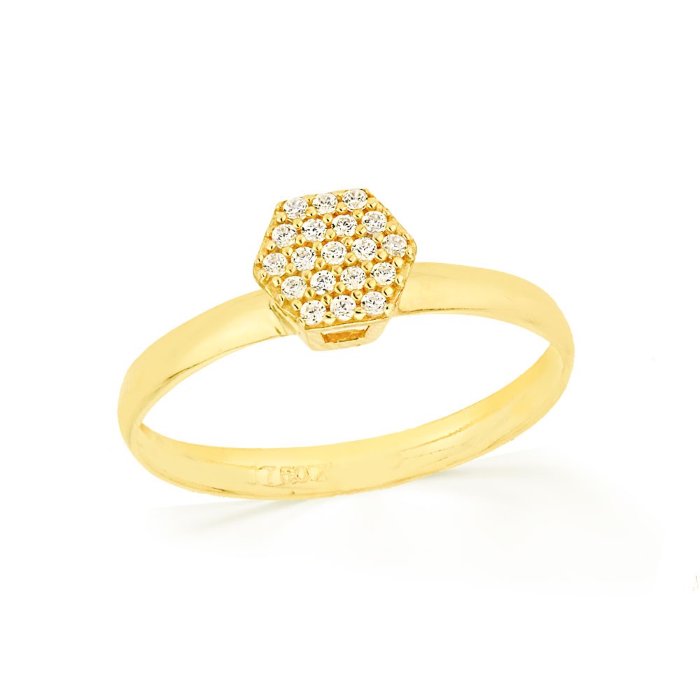 Anel de ouro 18k chuveiro sextavado cravejado