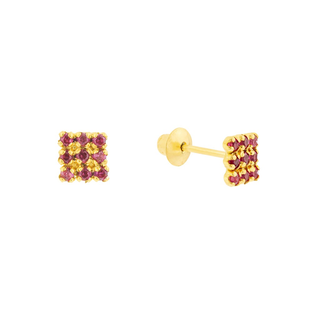 Brinco quadrado de ouro 18k vermelho pedras zircônias