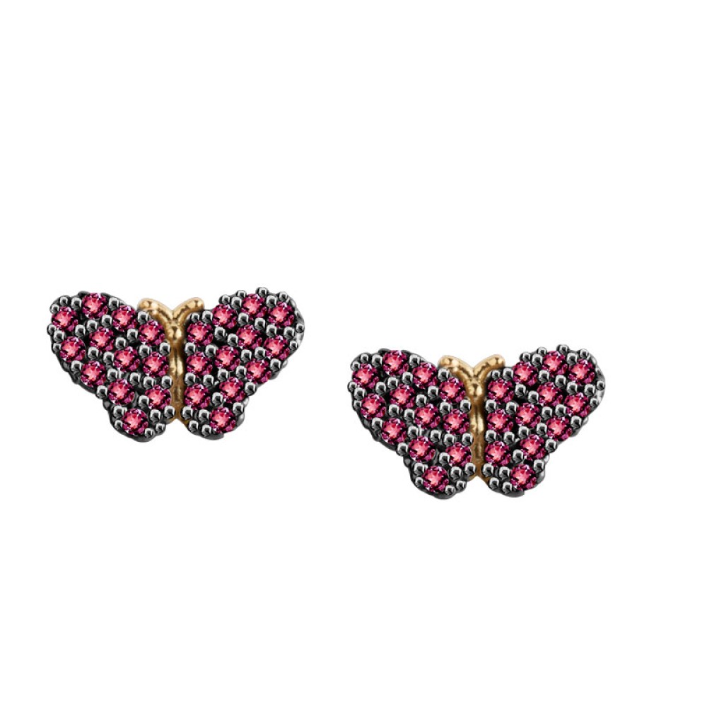 Brinco borboleta de ouro 18k pedras vermelhas