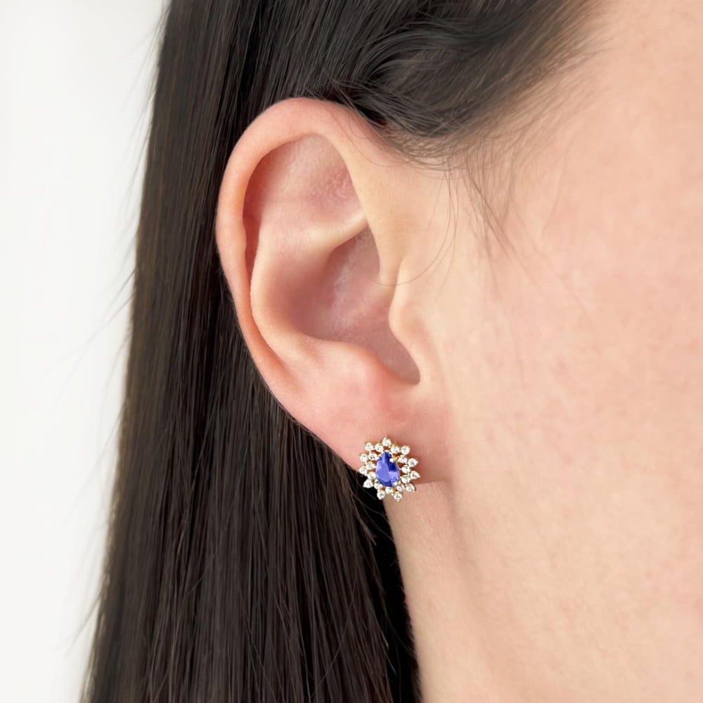 Brinco de ouro 18k Hill collecion zircônias azul