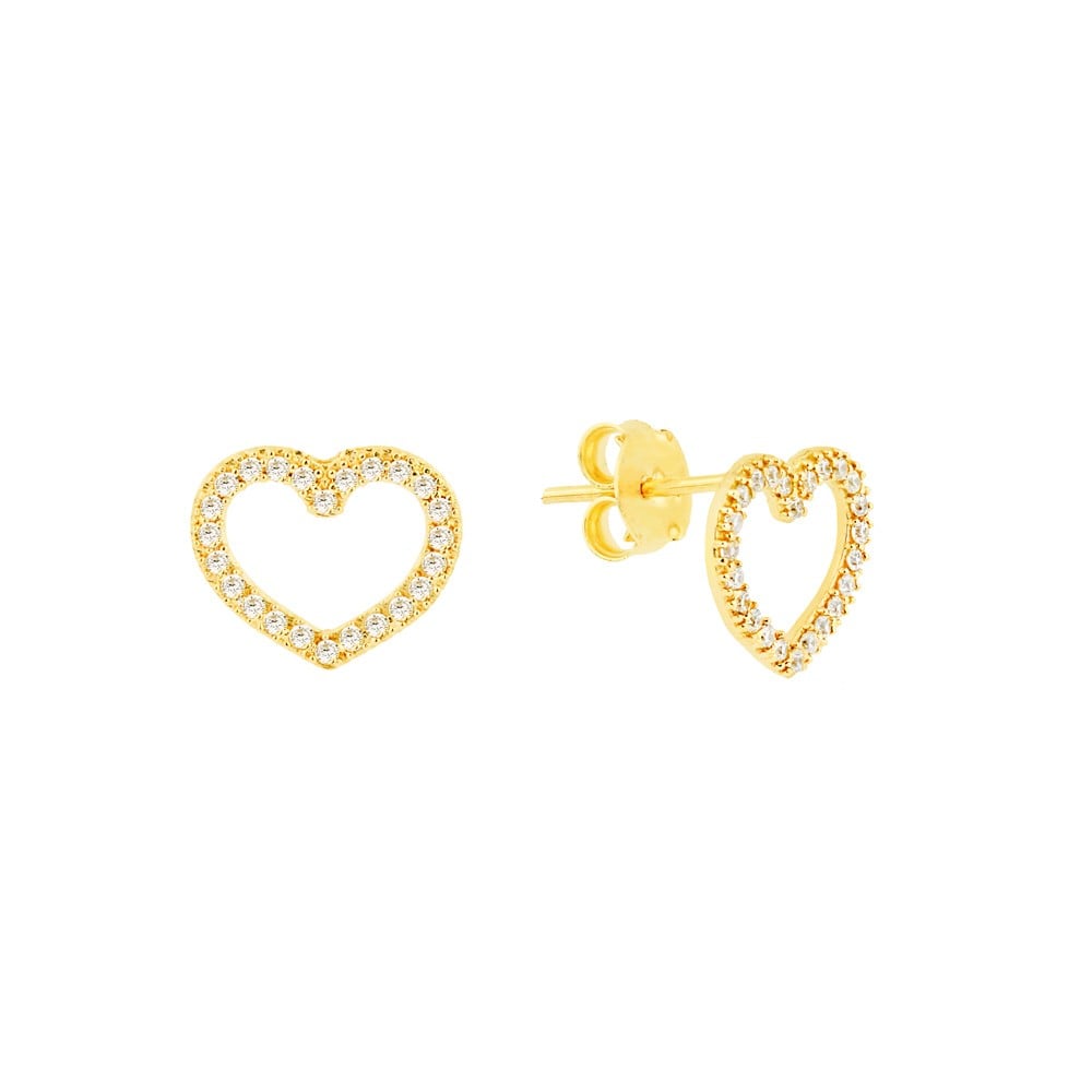 Brinco coração cravejado vazado ouro 18k