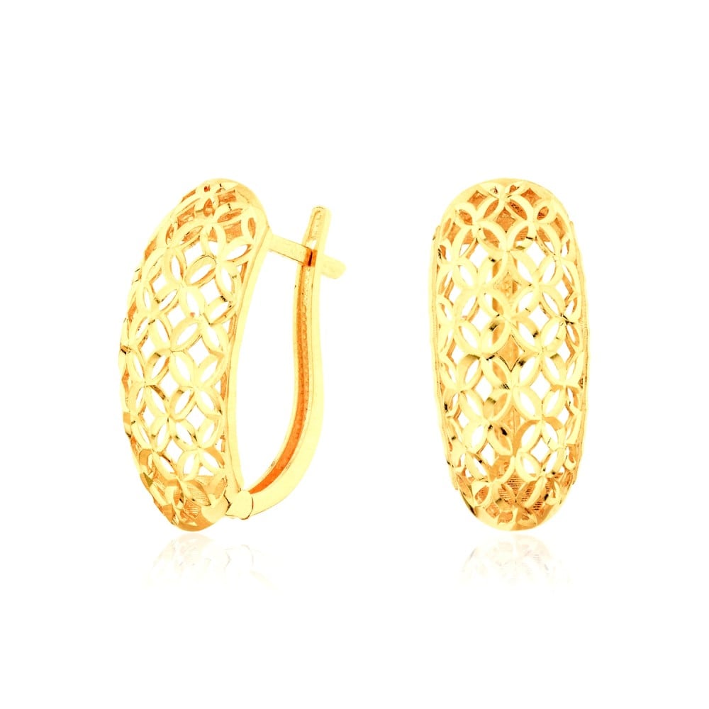 Brinco de ouro 18k argola com flores vazadas 