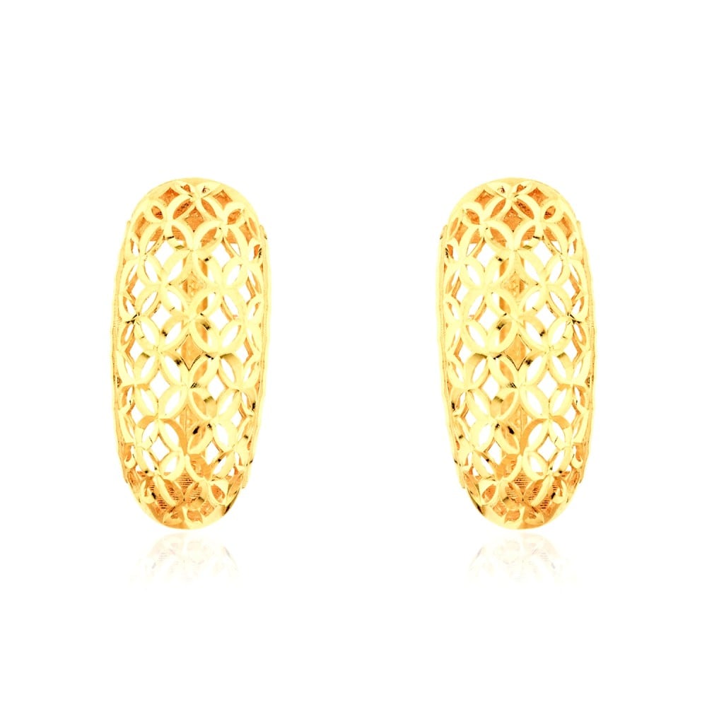 Brinco de ouro 18k argola com flores vazadas foto parte da frente 