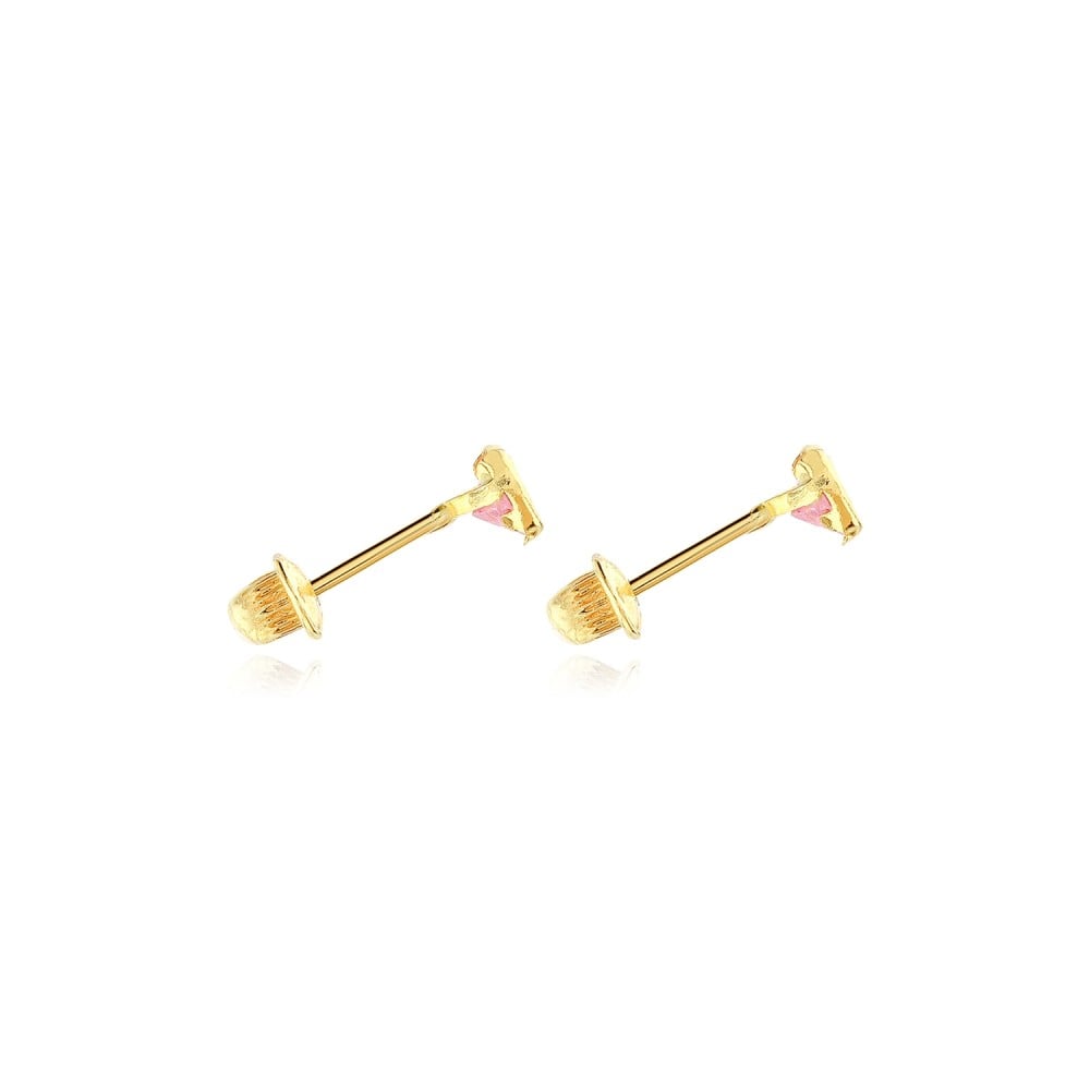 Brinco de ouro 18k infantil coração zircônia rosa 6