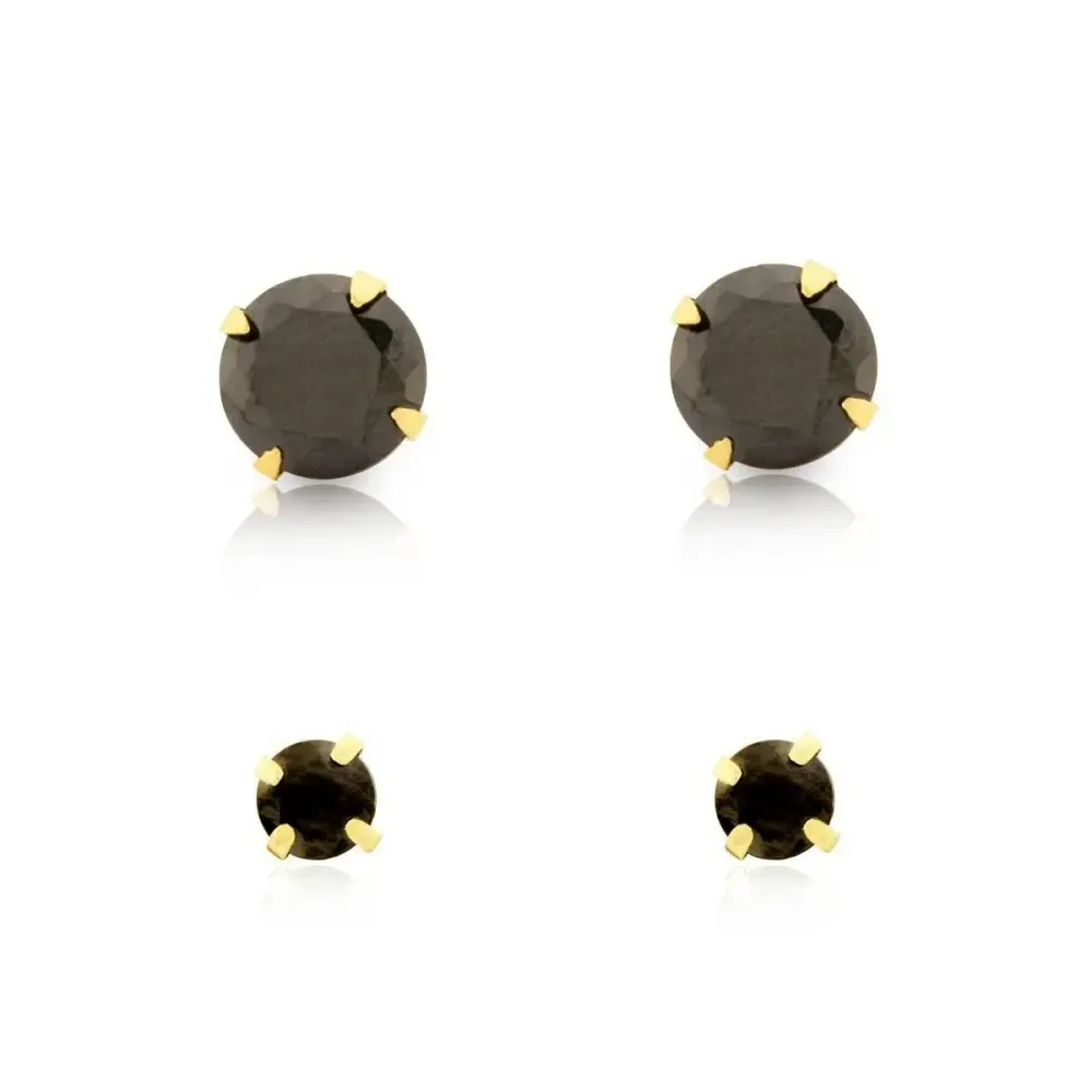 Brinco de ouro 18k par de pedra ônix 6mm + 3mm