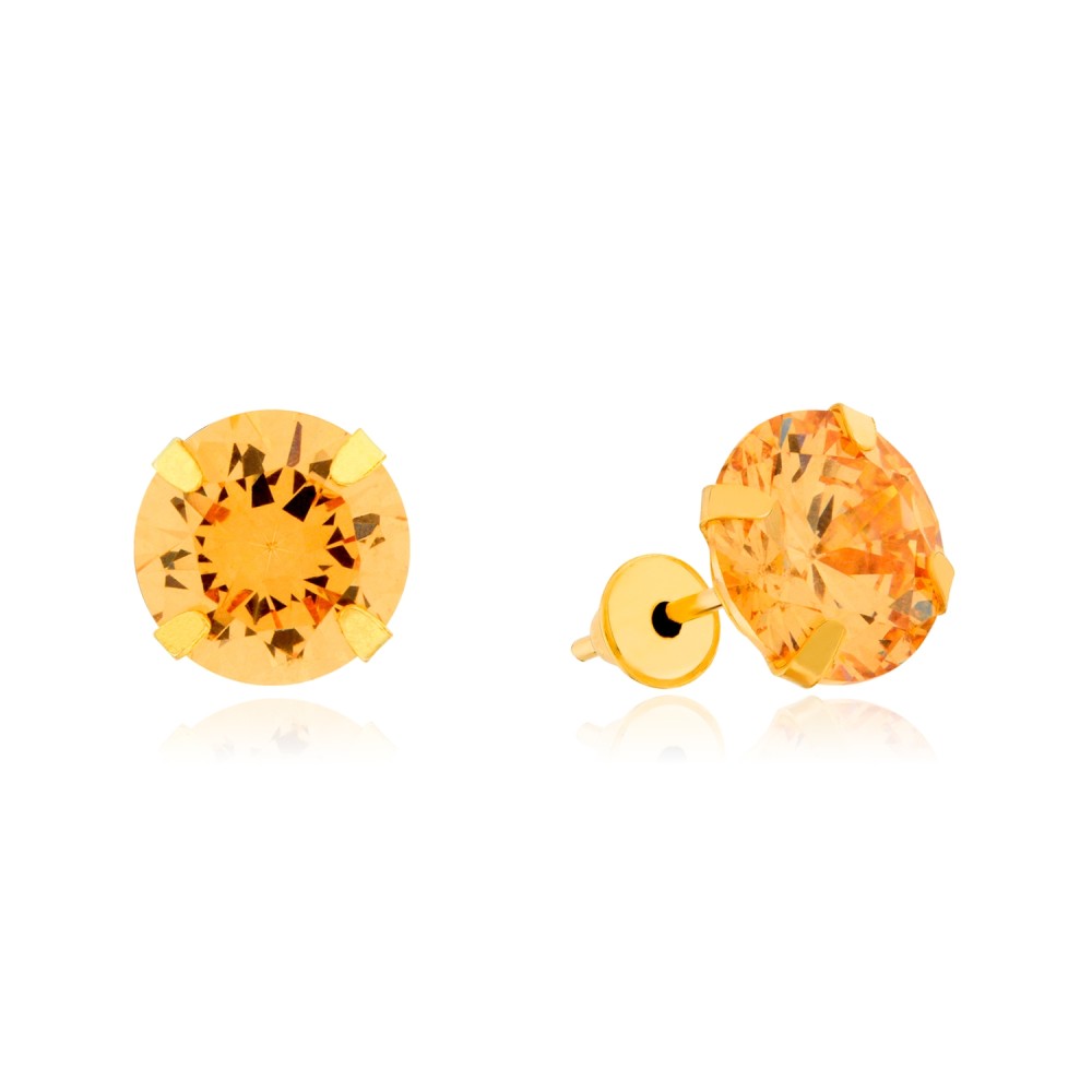 Brinco de ouro 18k pedra 7mm citrino sintético champanhe 