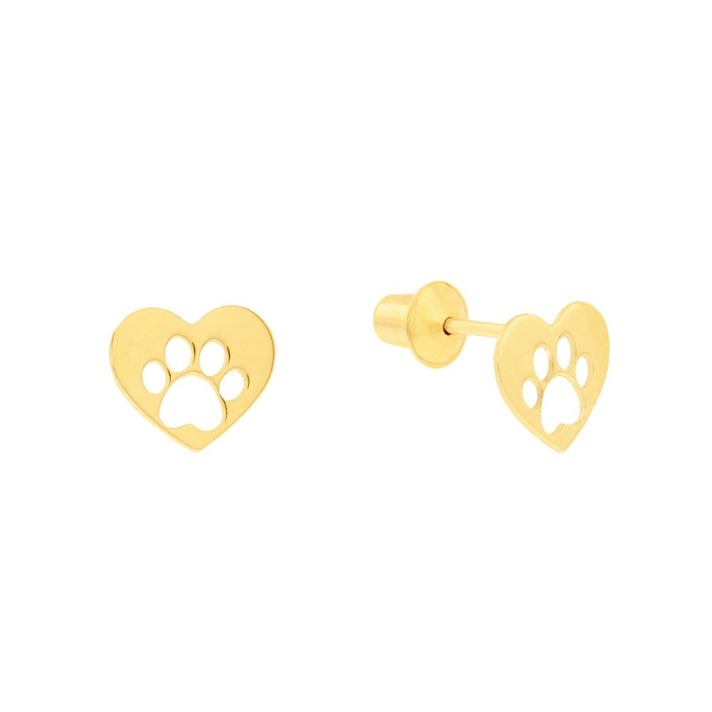 Brinco de ouro infantil 18k coração patinha