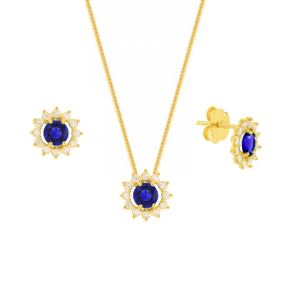 Conjunto colar e brinco de ouro 18k pedra azul