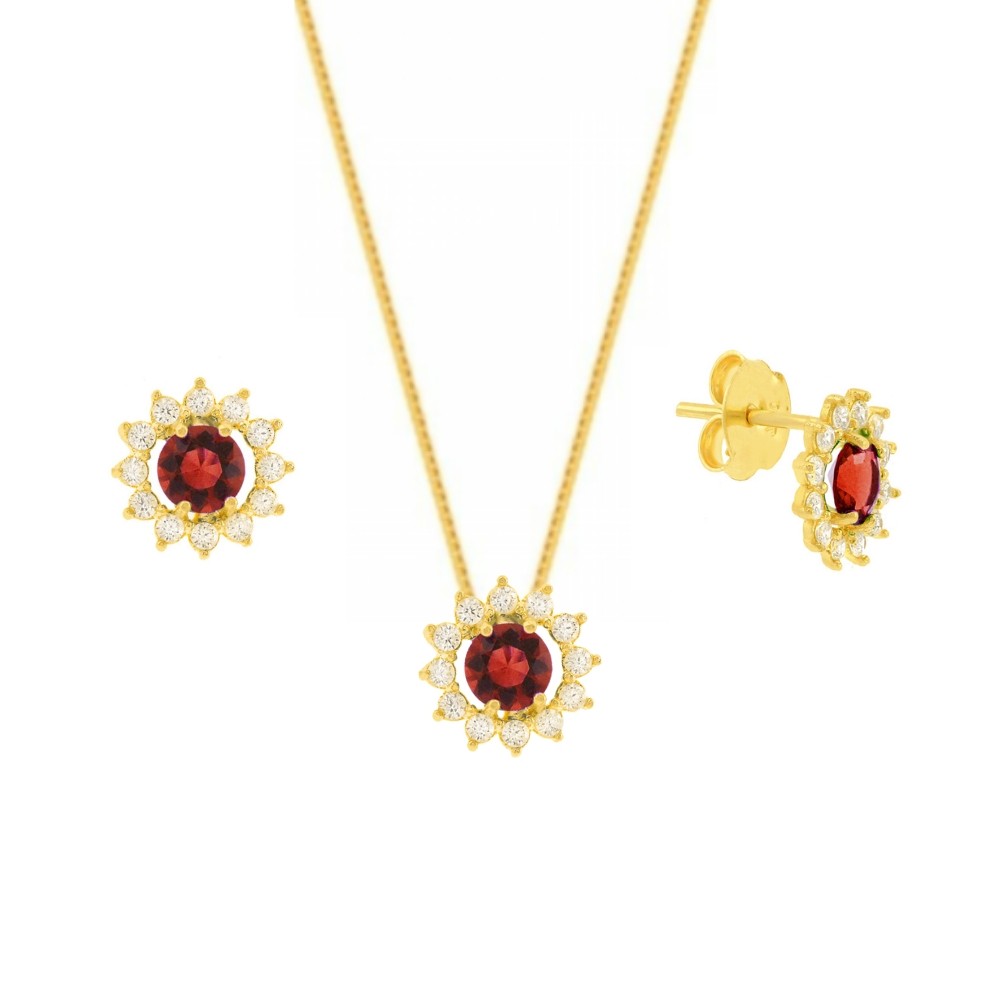 Conjunto colar e brinco de ouro 18k pedra vermelho