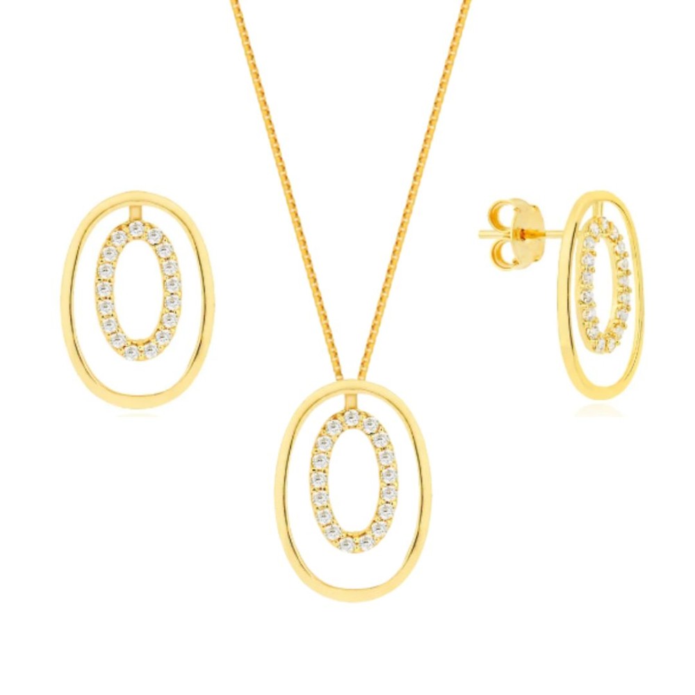 Conjunto colar e brinco de ouro 18k Coleção Geo oval