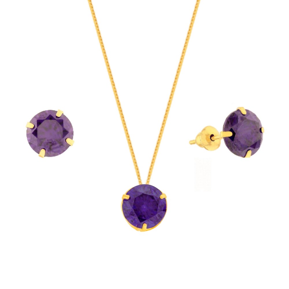 Conjunto colar e brinco de ouro 18k ponto luz roxo