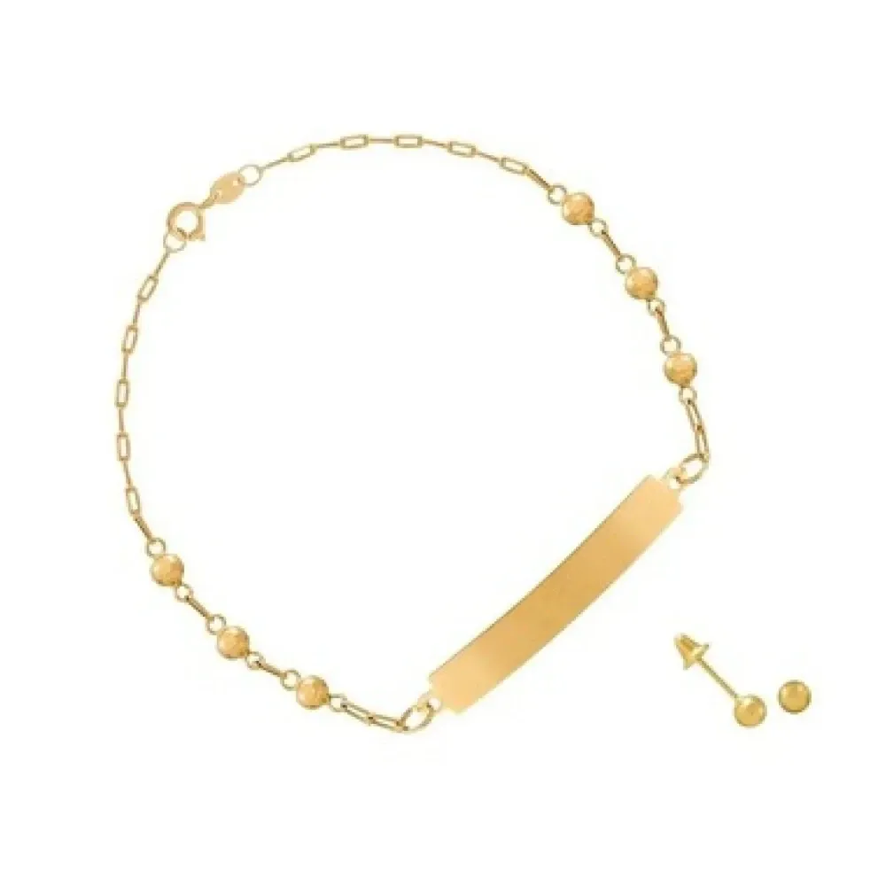 Conjunto De Ouro 18k Pulseira De Bolinha Com Placa E Brinco De Bola 3mm