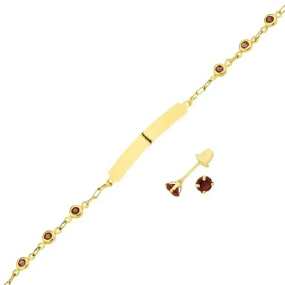 Conjunto De Ouro 18k Pulseira De Pedras E Placa + Brinco 3mm infantil vermelho
