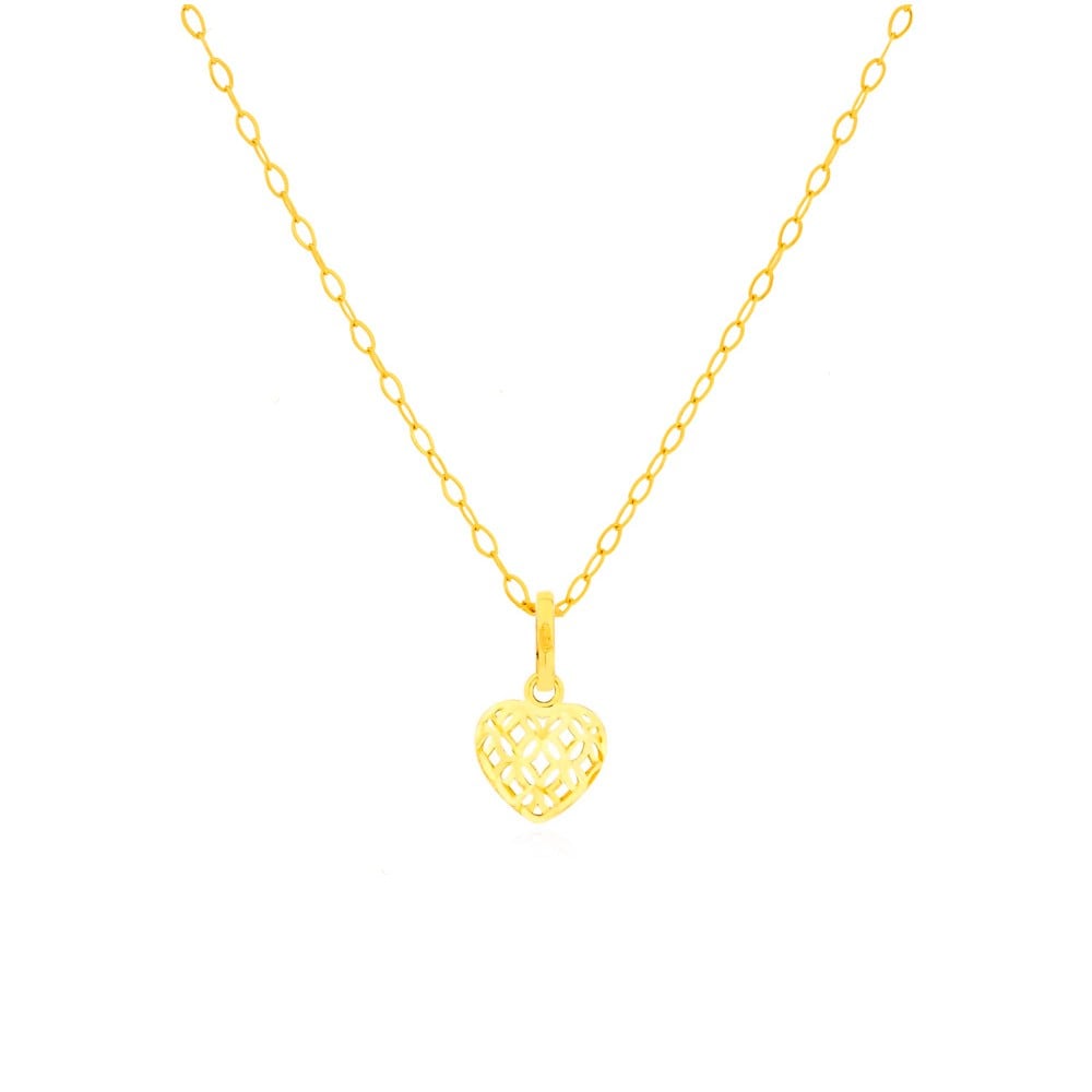 Corrente feminina de ouro 18k e Pingente de ouro 18k coração flores vazadas