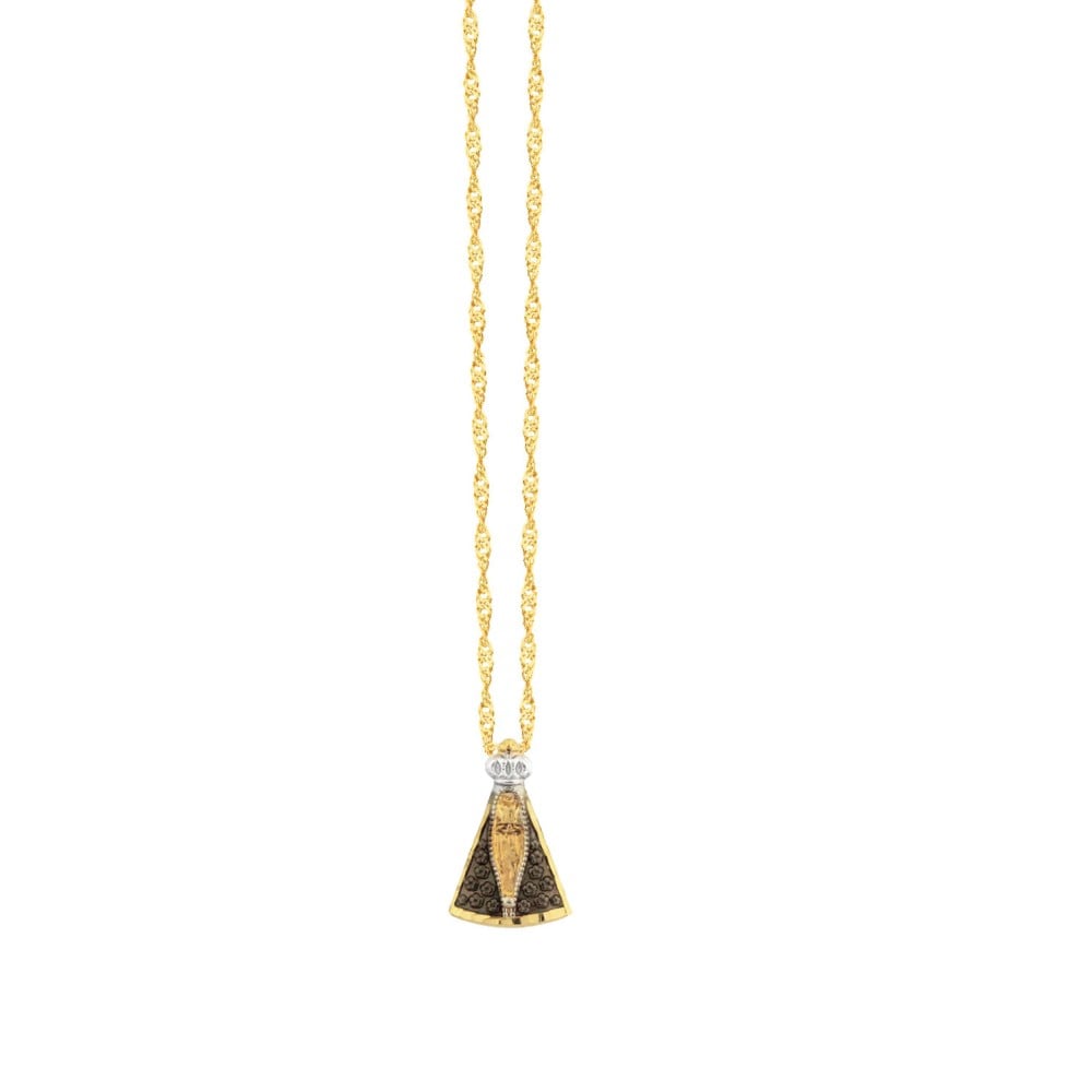 Pingente de N. S. Aparecida em ouro 18k com manto em rodio negro pequena