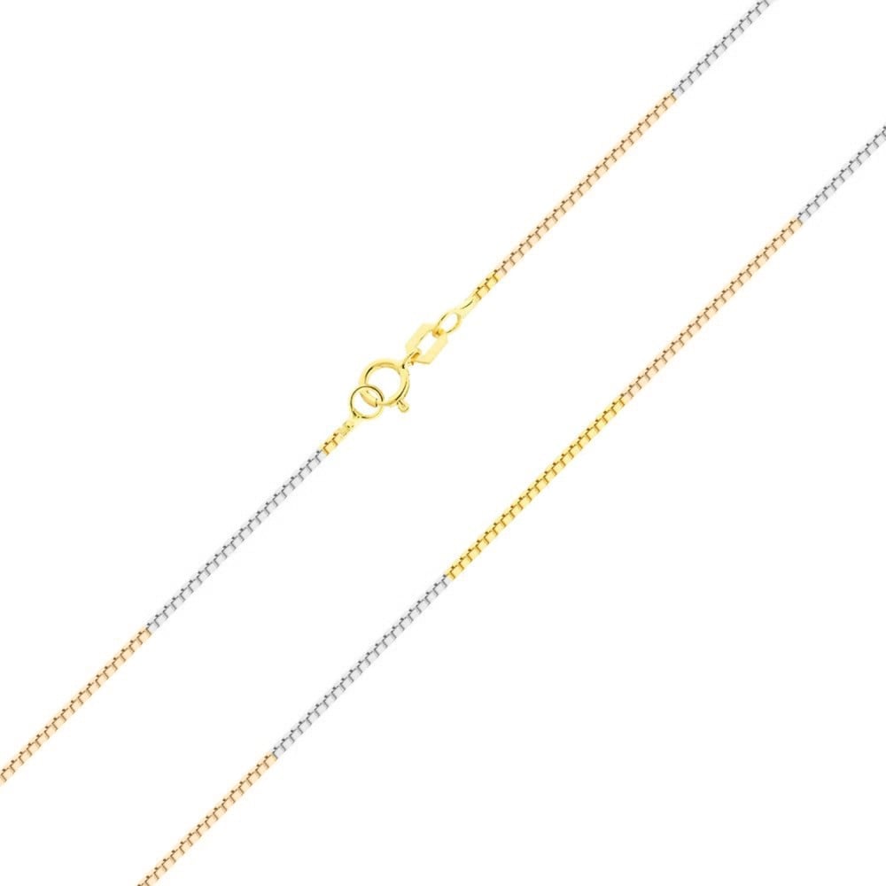 Corrente de ouro 18k feminina veneziana 45cm em três tons de ouro foto fecho da corrente 