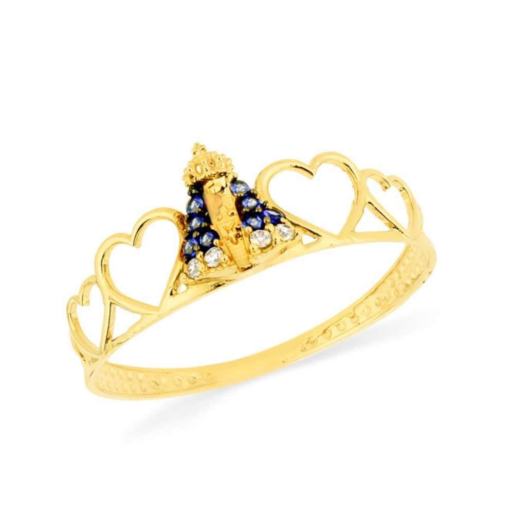 Anel de ouro 18k Nossa Senhora pedras manto Azul