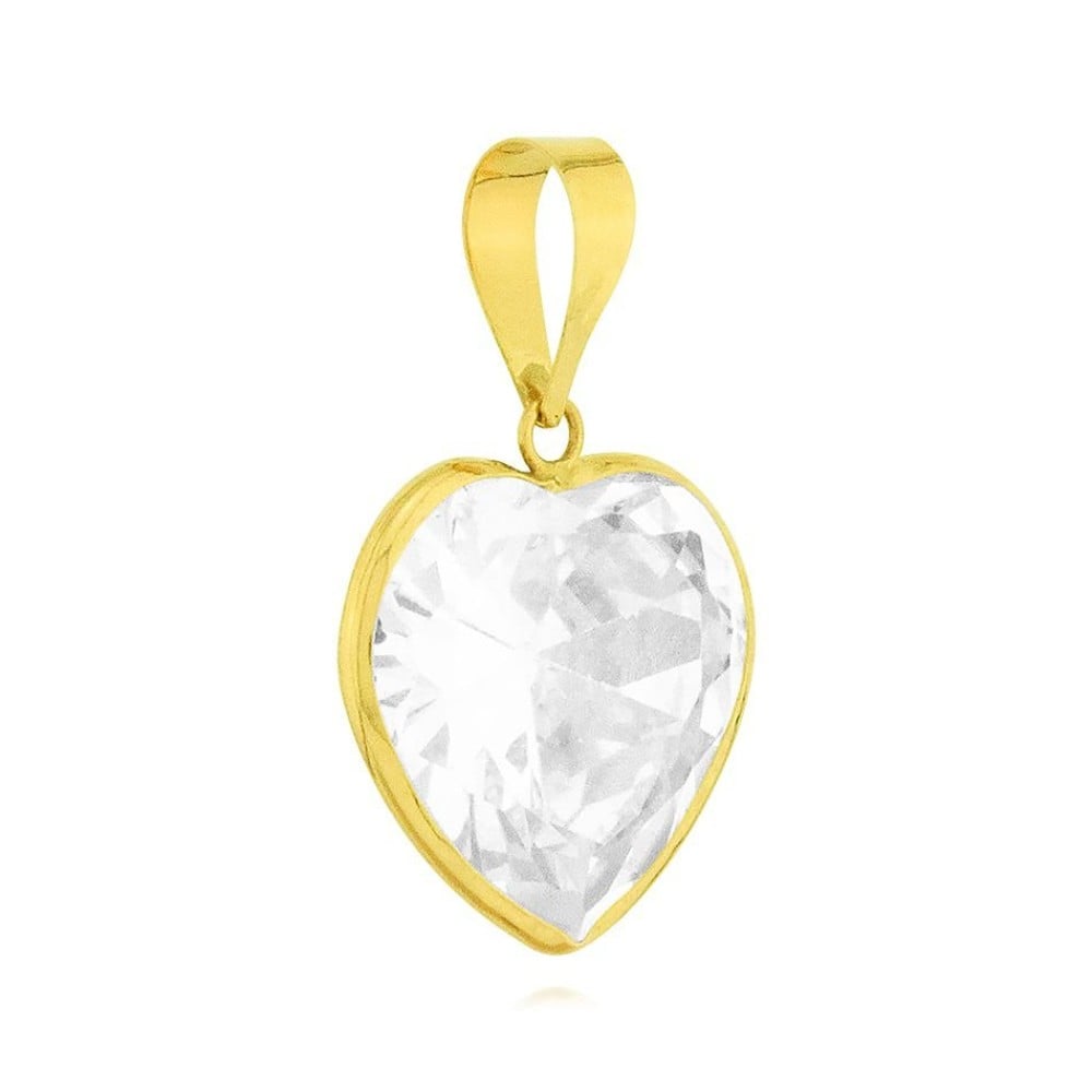 Pingente de ouro 18k coracao em zirconia branca / transparente foto lateral