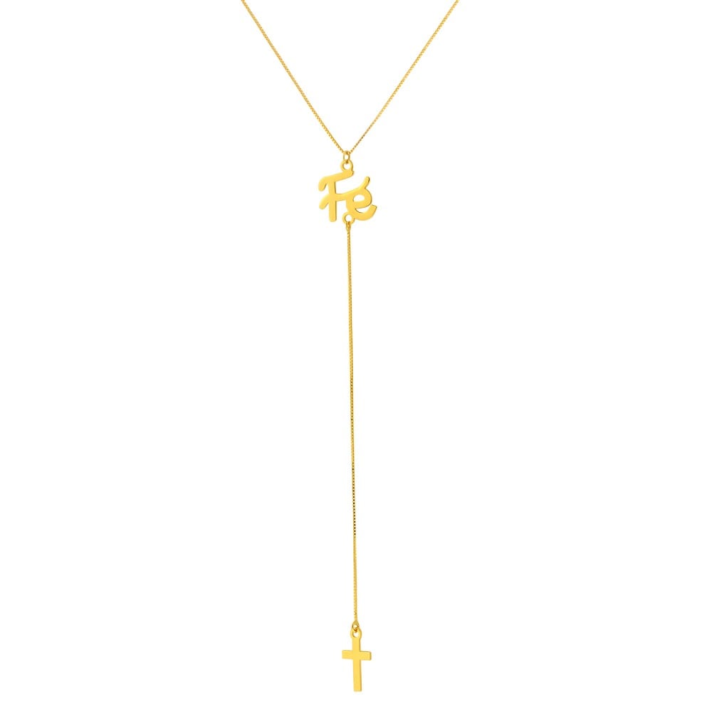 Gargantilha de ouro 18k palavra fé com cruz