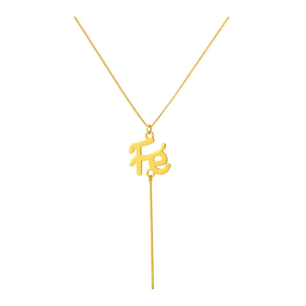 Gargantilha de ouro 18k palavra fé com cruz